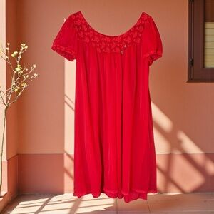 Vintage Pink Red Babydoll Nightgown Lingerie Lace Roses Nylon Valentines Sz S